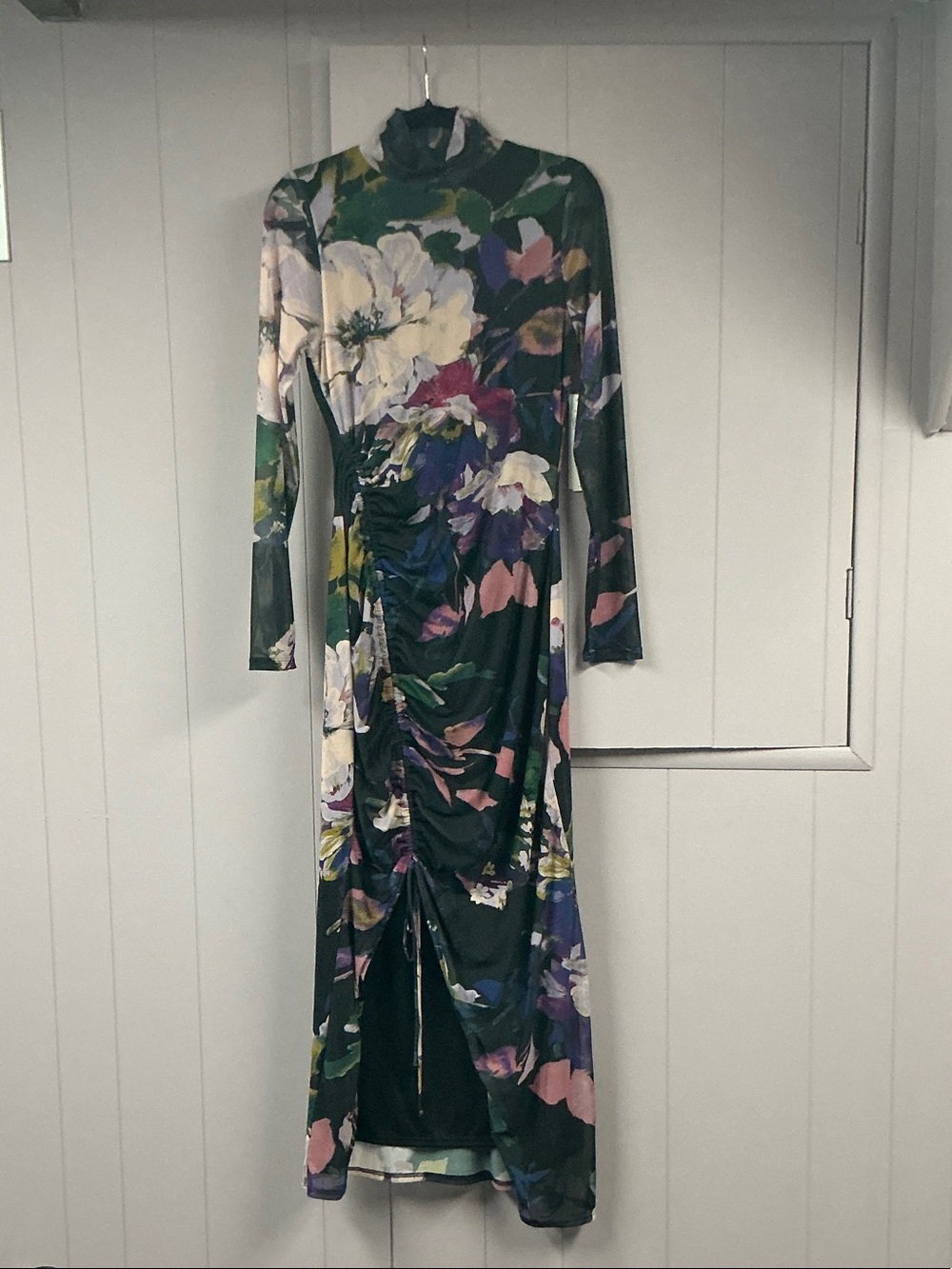 Aqua Black Floral Long-Sleeve Maxi Dress with Purple Accents